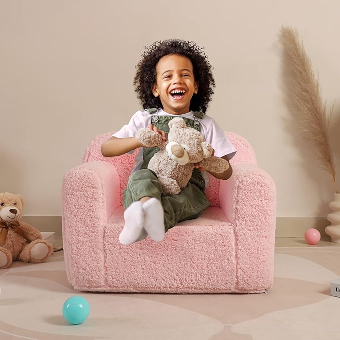Kids Snuggly-Soft Sherpa Chair, Cuddly Toddler Foam Chair for Boys and Girls, Pink