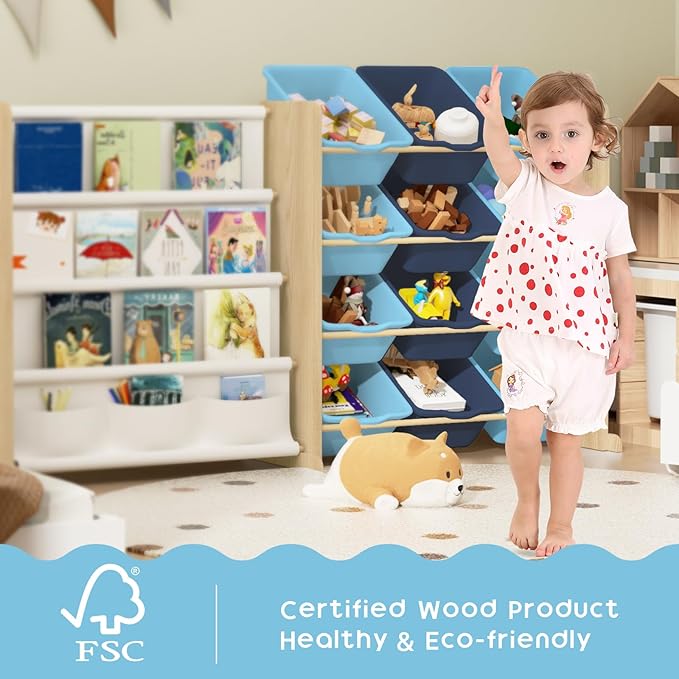 Kids Toy Storage Organizer - Toy Storage with Kids Bookshelf, Toy Organizer with 12 Blue Bins and 4 Book Shelves, Toy Organizers and Storage for Playroom, Nursery, Kids Room, Burlywood