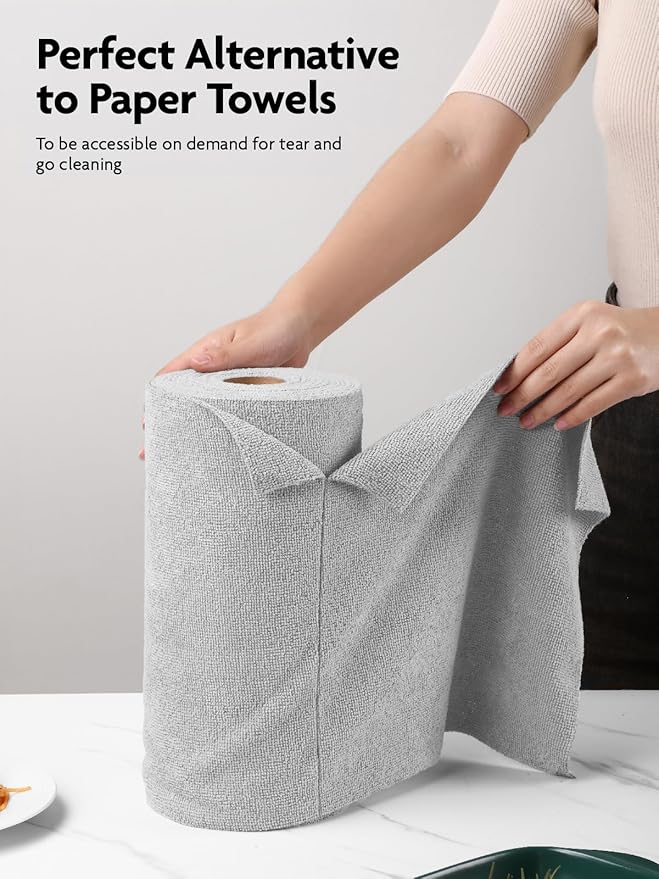 Fantasticlean Microfiber Cleaning Cloth Roll -40 Pack, Tear Away Microfiber Towels, 12" x 12", Reusable, Washable, Scratch Free, Ultra Absorbent Dish Rags for Car, Home, Garage or Shop (Grey)