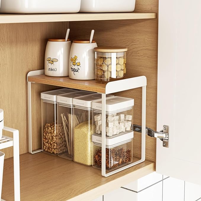 Mitus Shelf Organizer and Storage, Stackable Tiered Wood Cabinet Rack for Countertops, Desktops, Cabinets (Set of 2) 16" Wide Natural Oak and White