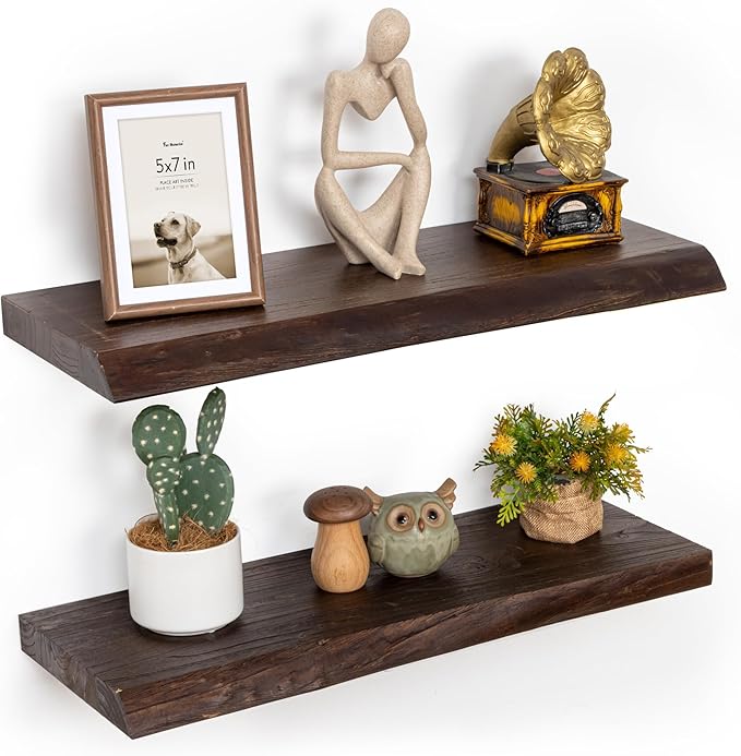 Floating Shelves for Wall, 24"x9.3" Rustic Solid Live-Edge Elm Wood Wall Shelves, Heavy-Duty Floating Shelves with Invisible Brackets, Set of 2 for Living Room, Bedroom, and Kitchen, Walnut Finish