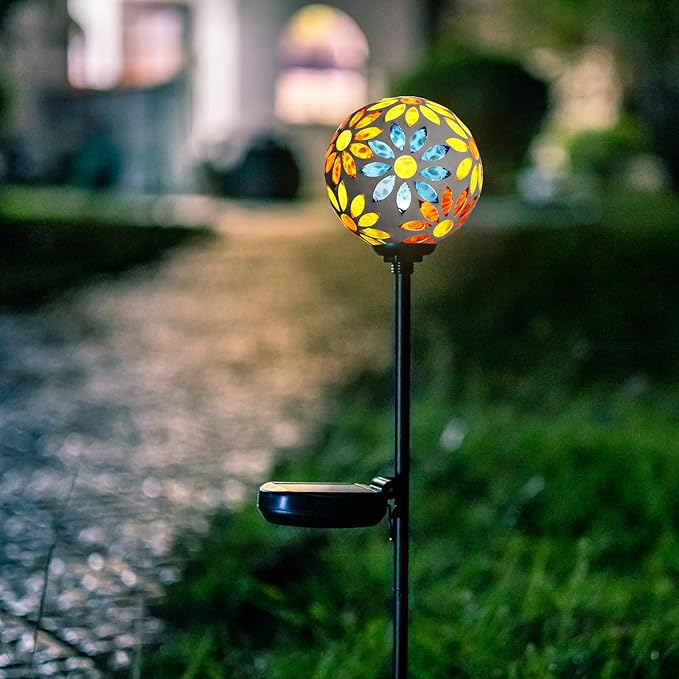 Afirst Solar Lights Outdoor Decorative - Solar Gazing Ball Mosaic Garden Stakes Flower Decorative Lights Waterproof for Pathway Yard Lawn Decoration Yellow