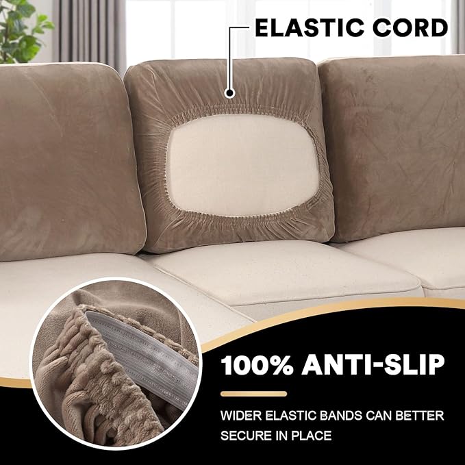 PrinceDeco Sectional Couch Covers Velvet Cushion Covers for Sectional Couch Washable Cushion Covers for Sectional Sofa Pet Friendly Sectional Sofa Slipcovers(1 Chaise Back+ 3 Sofa Back,Taupe)