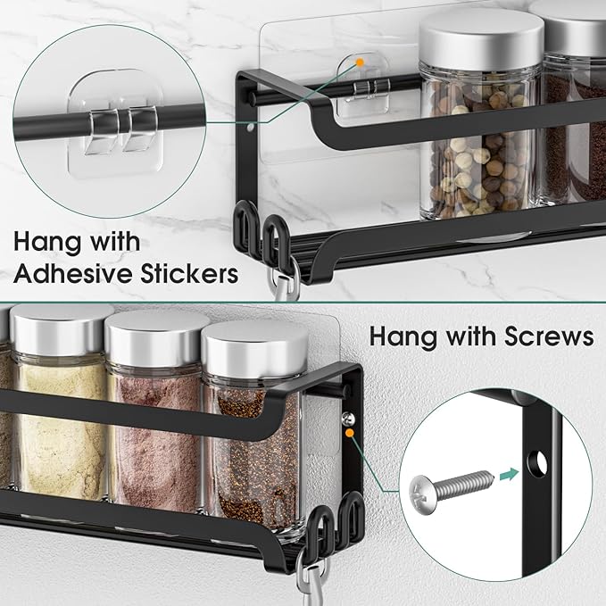 LUCYCAZ 4 Pack Wall Mounted Spice Rack with 16 Hooks, Spice Organizer Shelf for Stove Cabinet Pantry Door,Screw or Adhesive Spice Shelf Hanging Wall Spice Rack in Kitchen and RV (Black, 4 PACK)