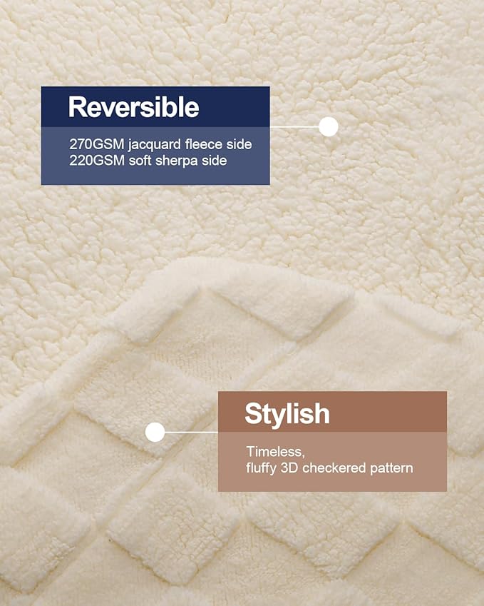 Pawque Super Soft Cozy Throw Blanket for Couch Bed - Fluffy Sherpa Fleece Reversible Thick Warm Fuzzy Blanket for All-Season, 3D Checkered Jacquard Elegant Decorative Blankets, Cream White, 50" x 60"