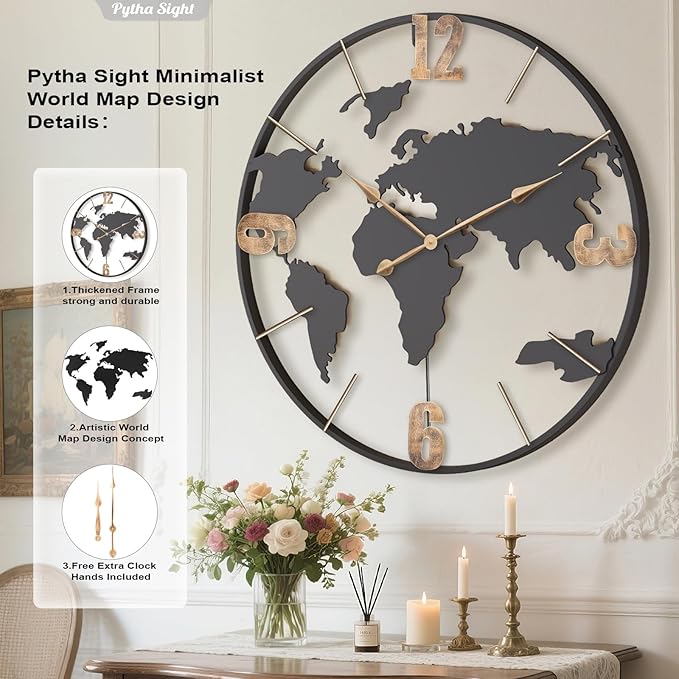 36 Inch Oversized Giant Extra Large Modern Decorative Metal World Map Wall Clock,Big Vintage Gold Arabic Numeral Wall Clocks for Living Room,Entryway,Office,Fireplace,Dining Room