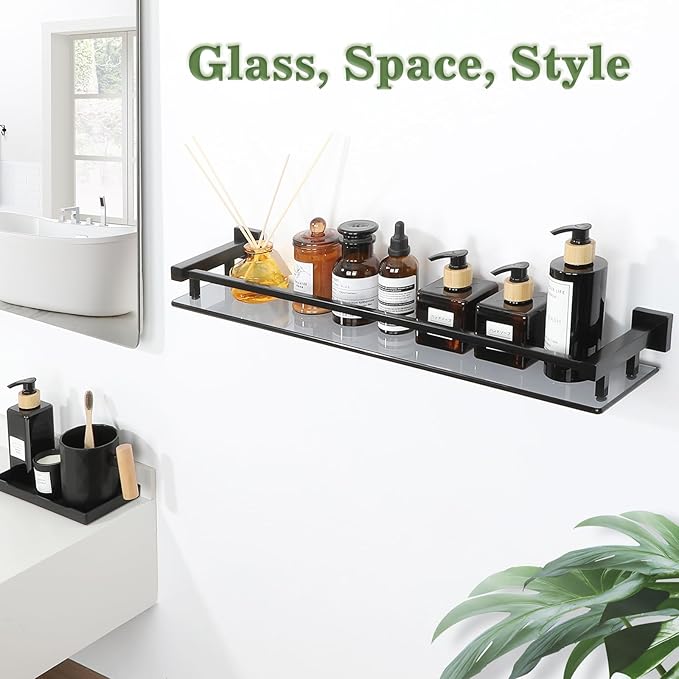 Alise Bathroom Shelf Wall Mounted, Matte Black Large Capacity Glass Shelf for Bathroom, 24 inch