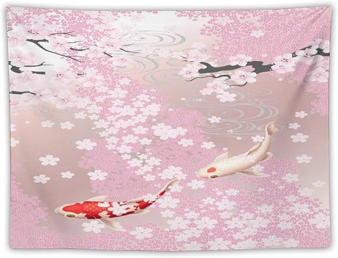 Houselerax Japanese Koi Fish Tapestry, Cherry Blossoms Asian Oriental Pink Flower Branch Koi Fish Carp Tapestries Wall Hanging for Bedroom Living Room Office Decor 80"x60"
