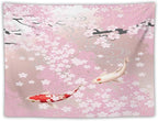 Houselerax Japanese Koi Fish Tapestry, Cherry Blossoms Asian Oriental Pink Flower Branch Koi Fish Carp Tapestries Wall Hanging for Bedroom Living Room Office Decor 60"x50"