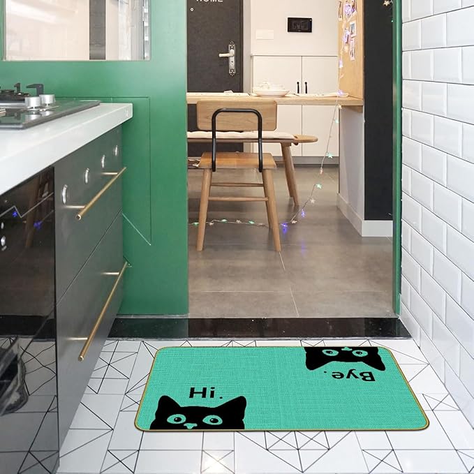 Mingnei Hi Bye Cat Welcome Doormat for Home Kitchen Entrance, Funny Black Cat Lover Floor Mat for Indoor/Outdoor Entryway Rug 30x17 (Green)