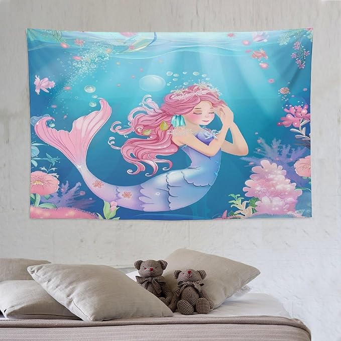 HZOHNAGO Mermaid Girls Tapestry Watercolor Flowers Mermaid Princess Blessing Pattern for Kids Room Decoration Printed Wall Tapestry Wall Hanging for Bedroom Living Room Dorm 90" W x 60" H