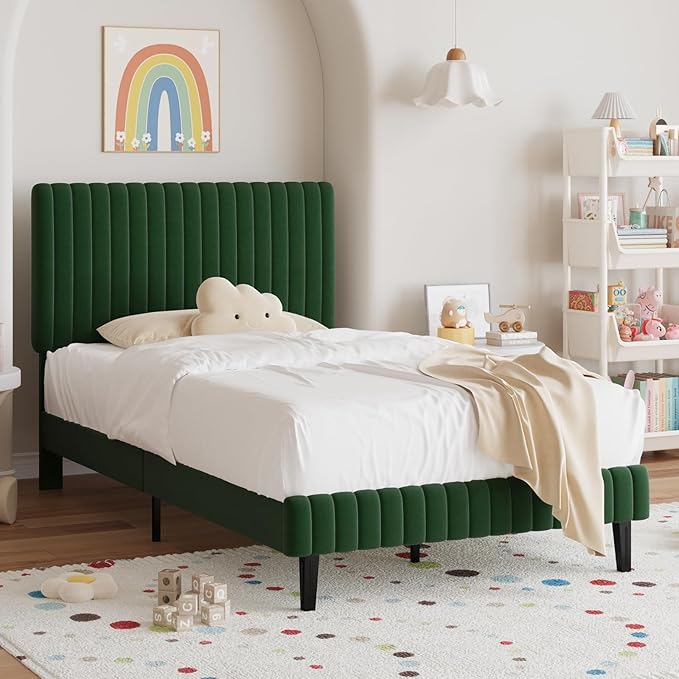 Twin Bed Frame, Velvet Upholstered Platform Bed with Vertical Channel Tufted Headboard and Footboard, No Box Spring Required, Easy Assembly, Green