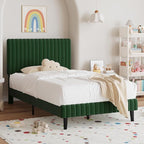 Twin Bed Frame, Velvet Upholstered Platform Bed with Vertical Channel Tufted Headboard and Footboard, No Box Spring Required, Easy Assembly, Green