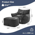 Giant Bean Bag Chairs for Adults, Oversized Chaise Lounge Chair Indoor with Memory Foam - Plush Boneless Lounger & Ottoman for Bedroom, Living Room, Gaming & Reading, Lazy Floor Sofa Chair, Gray