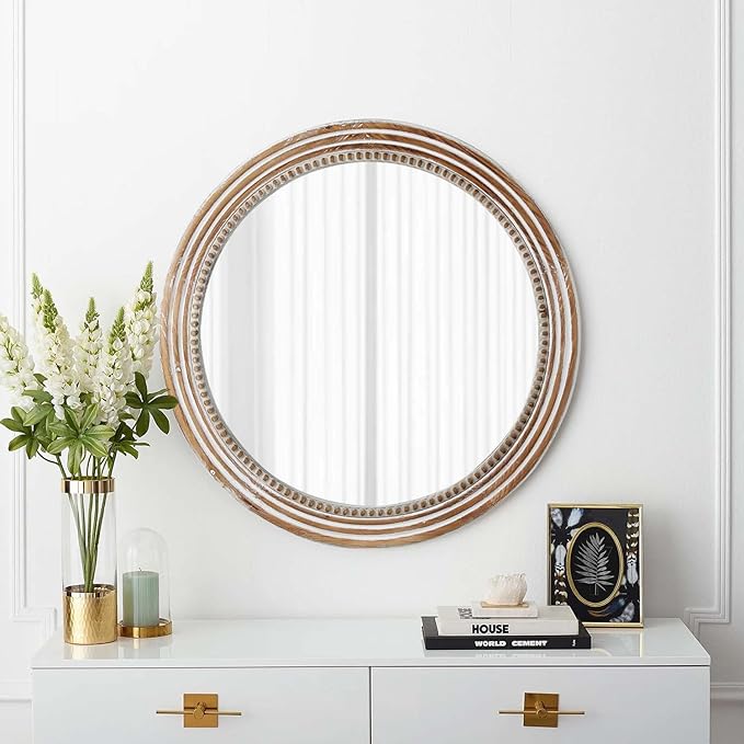 24 Inch Rustic Round Mirror - Farmhouse Vintage Bathroom Vanity Mirror, Wall-Mounted Round Mirrors for Bathroom Sink, Bedroom & Living Room and Framed Decorative Restroom Mirror