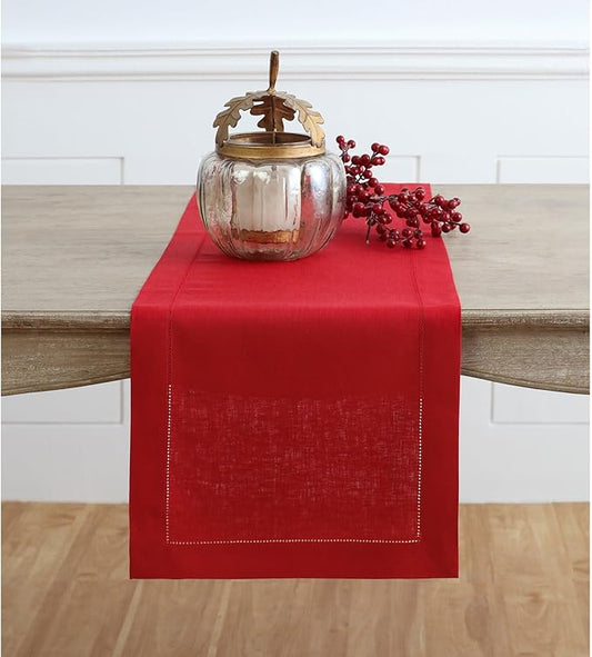 Solino Home Linen Red Table Runner 60 Inches - Classic Hemstitch, 100% Pure Linen Coffee Table Runner 14 x 60 Inch Ideal for Dresser Tables