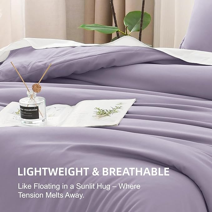 Litanika Grayish Lavender Purple Comforter Set Full Size, 3 Pieces Lightweight Solid Bedding Comforter Set, All Season Fluffy Bed Set (79x90In Comforter & 2 Pillowcases)