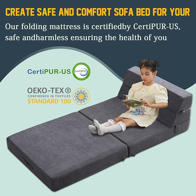 jela Foldable Sofa Bed Large Soft Foam Convertible Sleeper Chair Luxury Corduroy Fabric Fold Out Chair Bed Floor Couch with Back Support Floor Sofa for Living Room Bedroom (83"x33",Darkgrey)