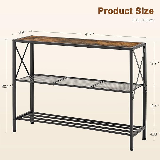 Hoctieon Industrial Console Table, 3 Tier Entryway Table, Hallway Table, Narrow Sofa Table with Shelves, Entrance Table for Entryway, Living Room, Foyer, Hallway, Office, Rustic Brown&Black