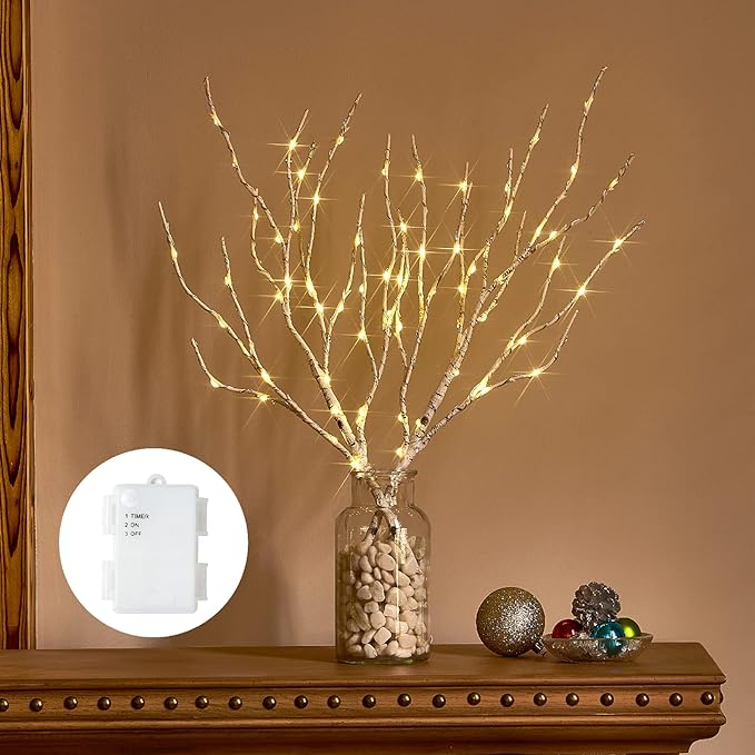 Birchlitland Lighted Birch Branches with Timer Battery Operated 18IN 70L Warm White LED Fairy Lights, Artificial Decorative Branch Lights for Home and Holiday Decoration Indoor Outdoor