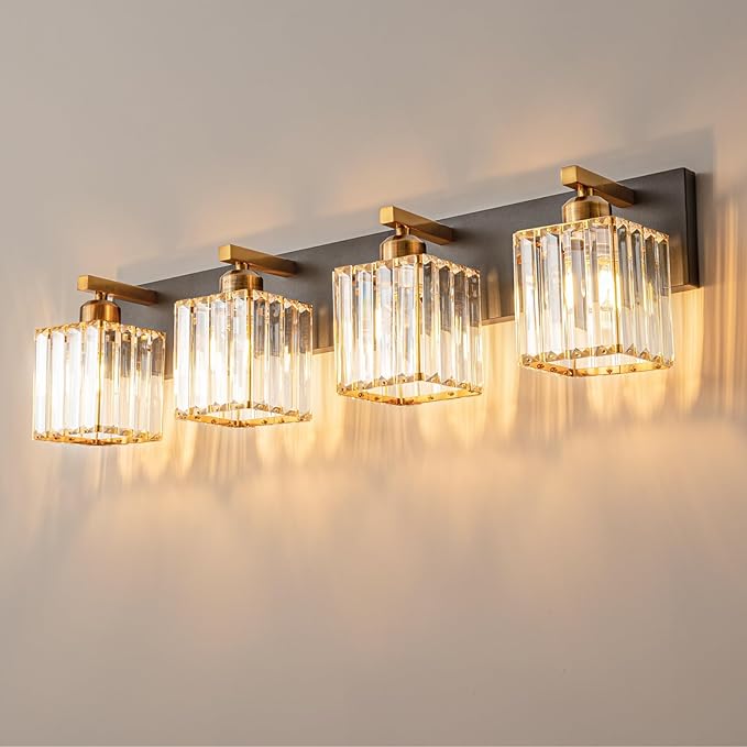 Modern Bathroom Vanity Light 4-Lights Black Gold Crystal Bathroom Wall Light Vanity Light Fixtures，28.34-inch Modern Minimalist Design