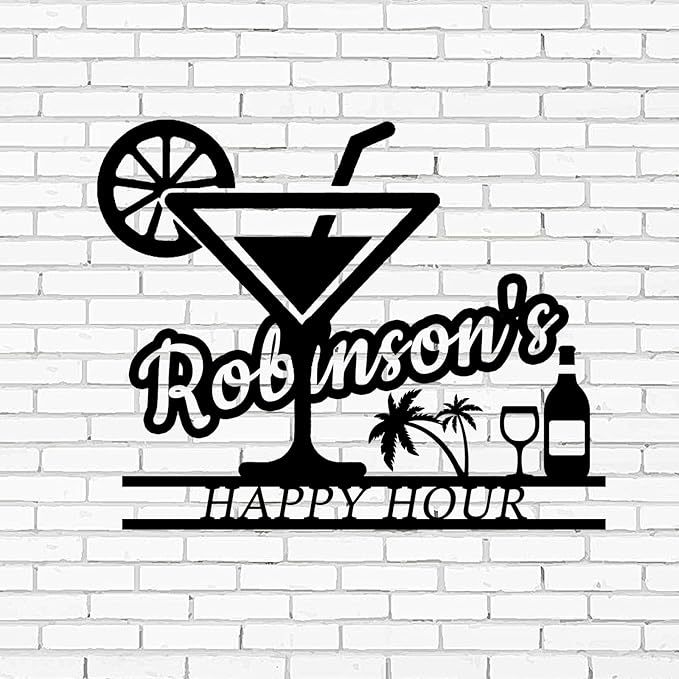 Happy Hour Metal Bar Sign - Personalized Wine Wall Art, Rustic Home Bar Decor, Custom Cocktail & Wine Themed Metal Signs for Indoor/Outdoor - MADE IN USA