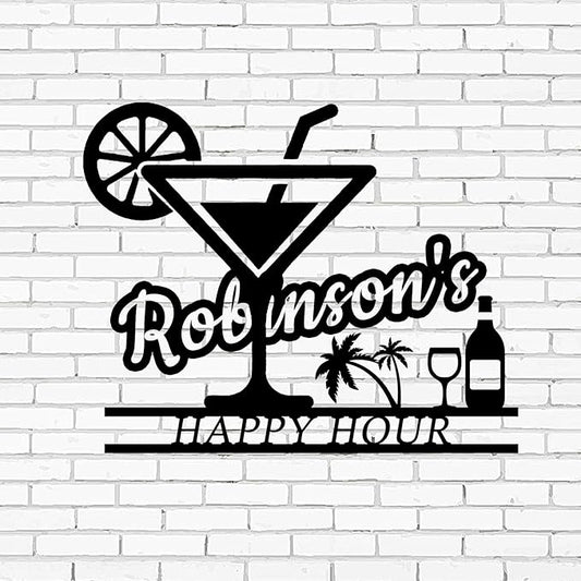 Happy Hour Metal Bar Sign - Personalized Wine Wall Art, Rustic Home Bar Decor, Custom Cocktail & Wine Themed Metal Signs for Indoor/Outdoor - MADE IN USA
