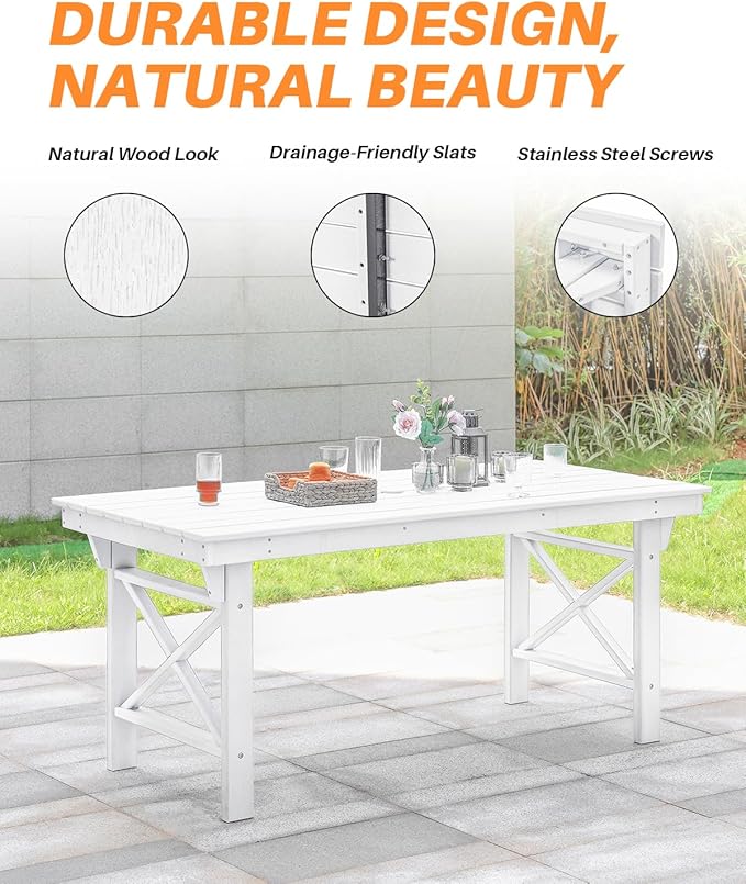 HDPE Outdoor Dining Table, 66.9” Rectangle Patio Dining Table for 6, All-Weather HDPE Outdoor Table with 2.2” Umbrella Hole, HDPE Patio Furniture for Deck, Backyard, Garden, Pool, Pearl