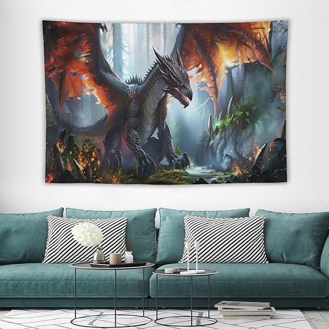 Dinosaur Tapestry Dragon Tapestries Fabric Wall Hanging Aesthetic Space Indoor Outdoor Wall Art Tablecloth Bedspread Decoration for Boy’s Bedroom Dormitory Living Room Home Decor 60"x90"