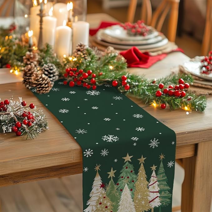 GEEORY Christmas Table Runner 13x48 Inch, Xmas Trees Snowflakes Holiday Decorative Farmhouse Table Decoration for Kitchen Dinning, Indoor Outdoor Dinner Party Decor (Green) GT152-48