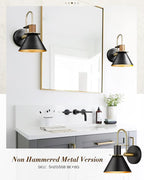 Black Wall Sconce, HWH Industrial Indoor Wall Light Fixture, Single Wall Vanity Light Gooseneck Barn Wall Lamp with Hammered Metal Shade, Black and Gold Finish, 5HZG74B BK+BG
