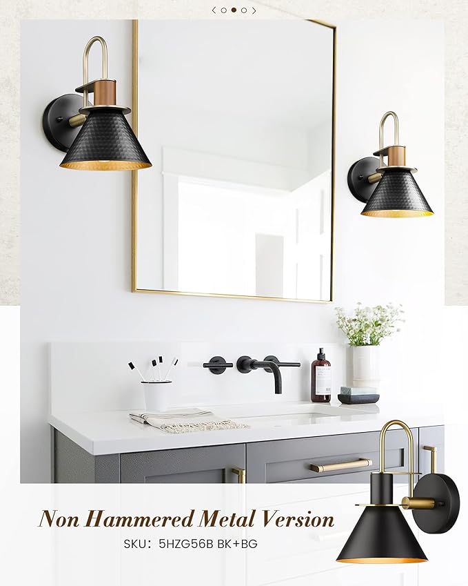 Black Wall Sconce, HWH Industrial Indoor Wall Light Fixture, Single Wall Vanity Light Gooseneck Barn Wall Lamp with Hammered Metal Shade, Black and Gold Finish, 5HZG74B BK+BG