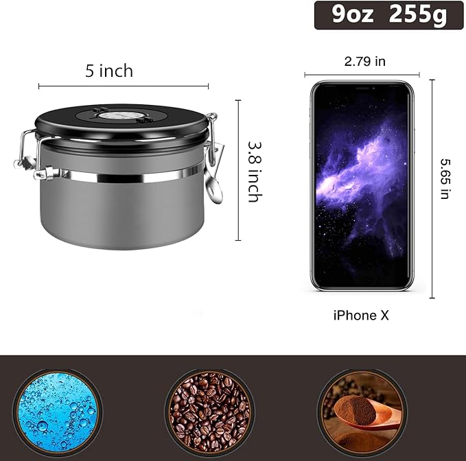 malmo Coffee Canister, Airtight Coffee Container with Date Tracker Lid, Stainless Steel Canister for Kitchen Food Storage (Gary, 9oz)