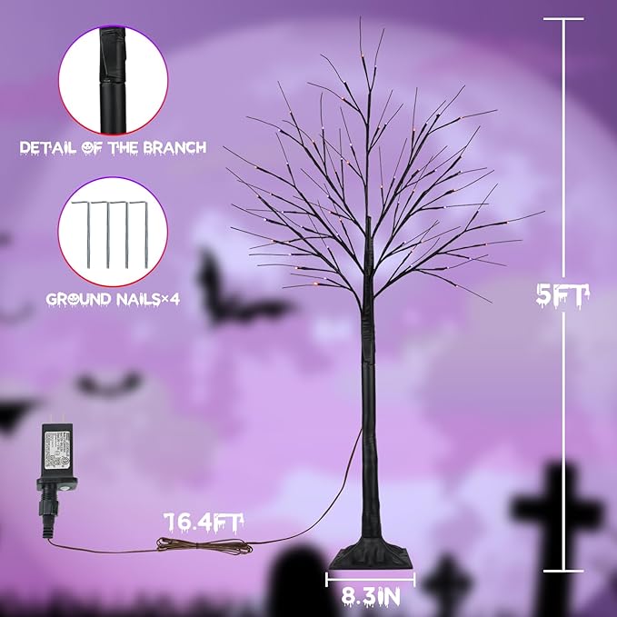 2Pack 5FT 200LED Black Halloween Tree Lights, Timer Function Lighted Black Trees with Purple and Orange Lights, Spooky Trees Light for Indoor Outdoor Halloween Decorations