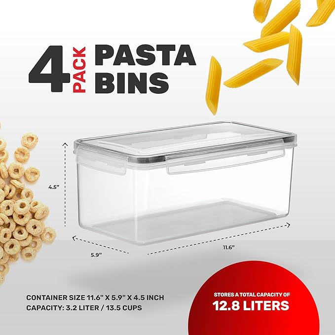 Large Airtight Food Storage Containers with Lids Set of 4 3.2L - 102 fl. oz Pasta storage Containers, BPA Free Plastic Spaghetti container - Air Tight Canisters for Kitchen Pantry Organization