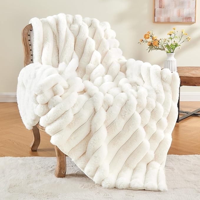 BEDELITE Faux Fur Throw Blanket for Couch, Soft and Cozy Luxurious 3D Striped Fluffy Blanket, 770GSM Thick Warm Plush Fuzzy Faux Rabbit Fur Blanket for Women Gift (Cream, 60"x 80")