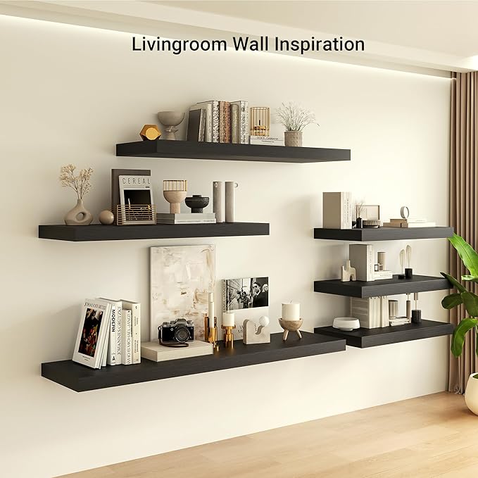 Heimlove 12 Inch Deep Floating Shelves, 48 x 12 inches Long Wall Shelf, Large Display Shelf & Storage Shelf, Rustic Wood Wall Shelves for Fireplace Mantel, Set of 1(Black)