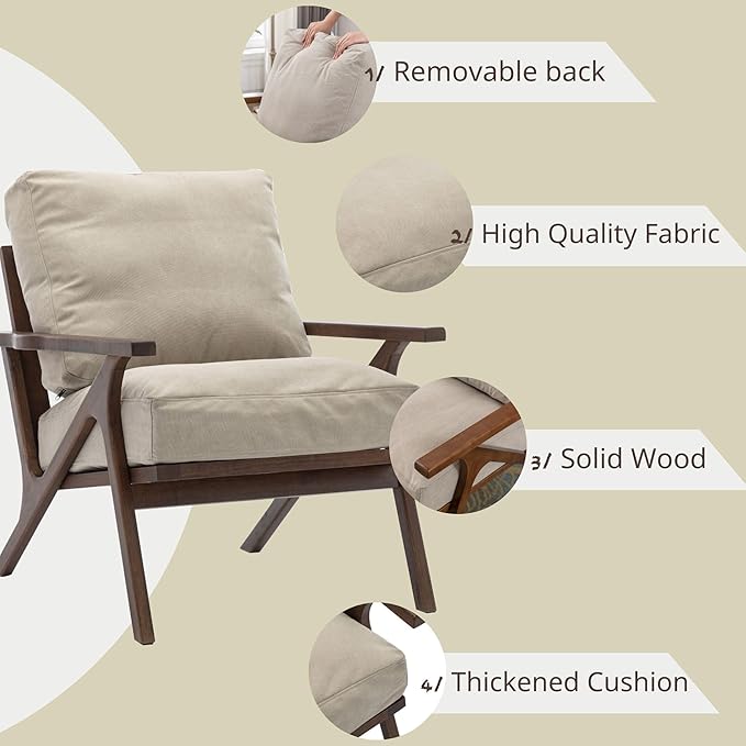 Wahson Set of 2 Mid Century Arm Chairs and Ottomans, Upholstered Accent Armchair with Wood Frame and Canvas Cushions, Leisure Slipper Chair for Living Room/Bedroom, Beige