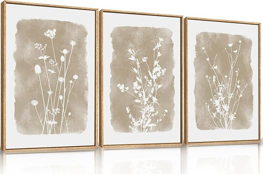 HPINUB Large Boho Wildflowers Canvas Framed Wall Art Set,Minimalist Vintage Flower Wall Decor,Beige Floral Botanical Artwork for Living Room Bedroom,Dining Room,Office -16"x24"x3