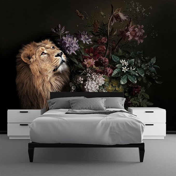 Lion Floral Wallpaper Nursery Wildlife Background Wall Mural Children's Room (Not Peel and Stick)