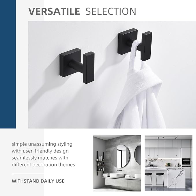 Angle Simple Bathroom Towel Hooks, Stainless Steel Robe Coat Hooks for Wall, Matte Black, 2 Pack