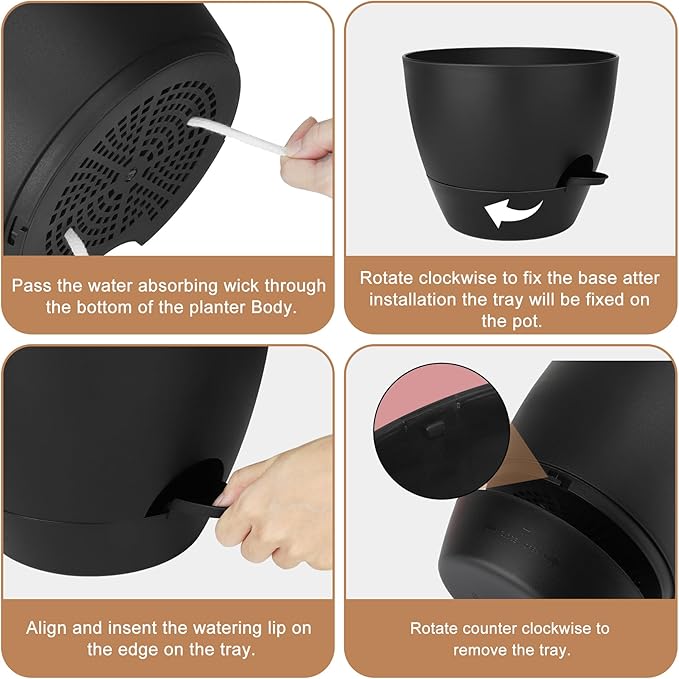 Plant Pots 12/10/9 Inch Self Watering Pots, Set of 3 Plastic Planters with Drainage Holes and Saucers,Plastic Flower Pots,Nursery Planting Pot for Indoor Out Door Plants(Pure Black)
