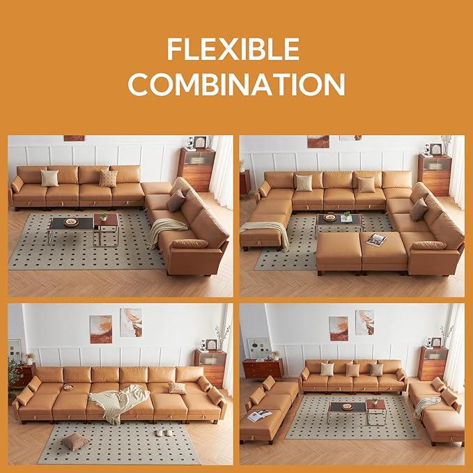 L Shape Modular Sofa, Faux Leather Sectional, 98'' 4 Seater Couch, Mid Century Modern Decor Couch, Office Sectional Sofa Bed, for House, Apartment, Living Room, Tan