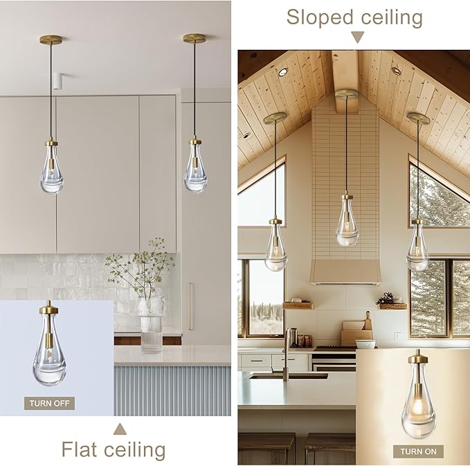 Raindrop Pendant Lights, Pendant Lights Kitchen Island, Brass Base Hanging Light Dining Room Light Fixture, Handblown Clear Kitchen Chandelier, Rope Pendant Lights for Living Room Hallway,E12 Bulb
