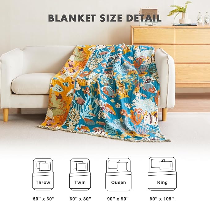 MSGKV Throw Blanket for Couch Bed Cotton Muslin Breathable Cute Ocean Animals Twin Size Blanket 60"x80" for All Seasons Lightweight Farmhouse Blankets