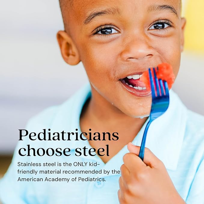 Ahimsa Stainless Steel Kids Utensils - Kids Fork and Spoon Set, Pediatrician Designed Toddler Utensils, 100% BPA Free & Dishwasher Safe (Iridescent Blue)