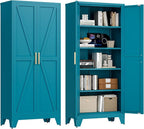 71'' Farmhouse Metal Storage Cabinet with Barn Doors,Steel File Cabinet for Home Office,Kitchen Pantry 4 Adjustable Shelves,Freestanding Cupboard for Kitchen,Home Office (Peacock Blue)