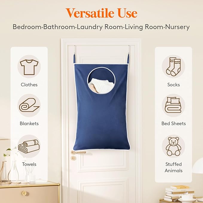 Lifewit Over Door Laundry Hamper, Large Collapsible Hanging Laundry Hamper, Hanging Laundry Basket Bag for Bathroom Bedroom Dirty Clothes Storage Organizer, Dark Blue