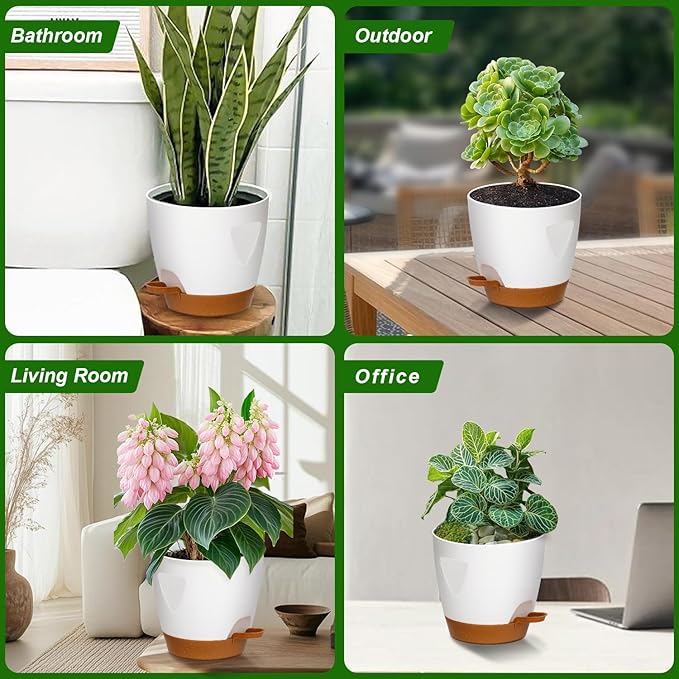 Uneed Indoor Self Watering Planters with Drainage Holes and Saucers, 7/6.5/6/5.5/5 Inch-5 Pots,for Indoor Plants, Herbs, Succulents (White)