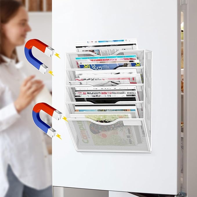 5-Tier Magnetic File Organizer, No Drilling Installation, White Magnetic Paper Holder, Magazine Rack for Refrigerator and File Cabinets
